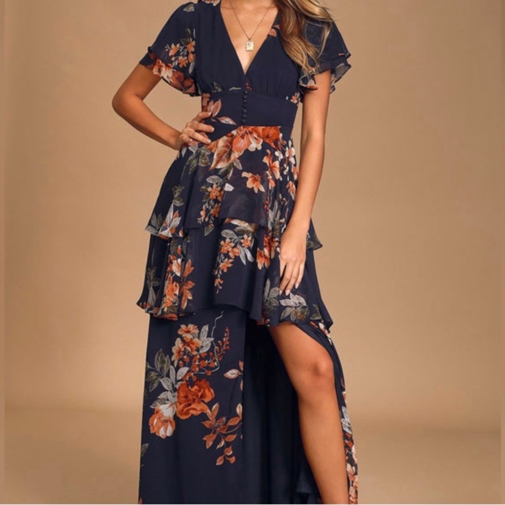 Lulus Midnight Mood Navy Blue Floral Print Tiered Maxi Dress size XS
